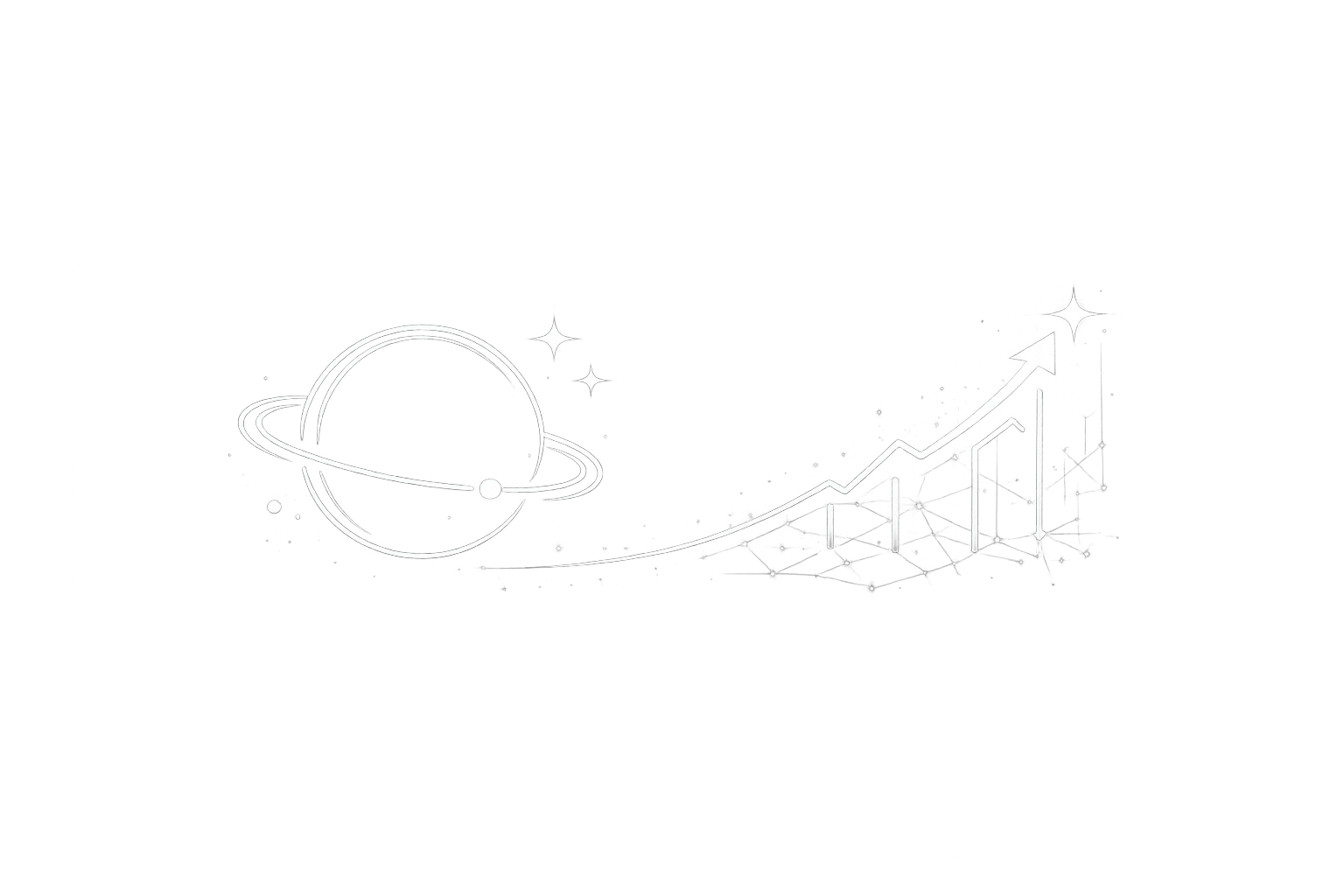 Minimal abstract exploration visual with a planet, stars, and an upward research trajectory